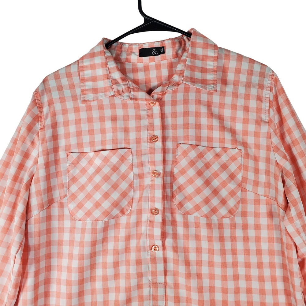 & Womens XL Orange White Gingham Plaid Long Sleeve Button Front Blouse Cotton